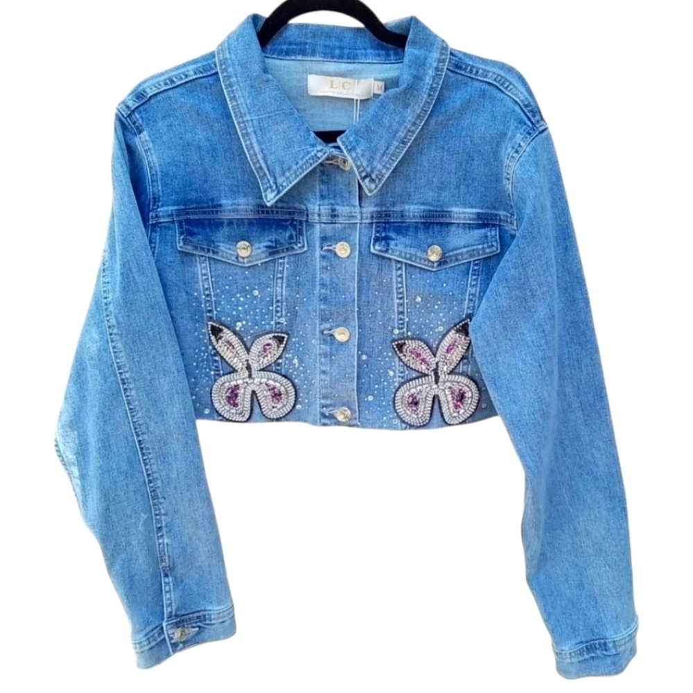 Lizette Collection Embellished Cropped Long Sleeve Denim Jacket Women Medium